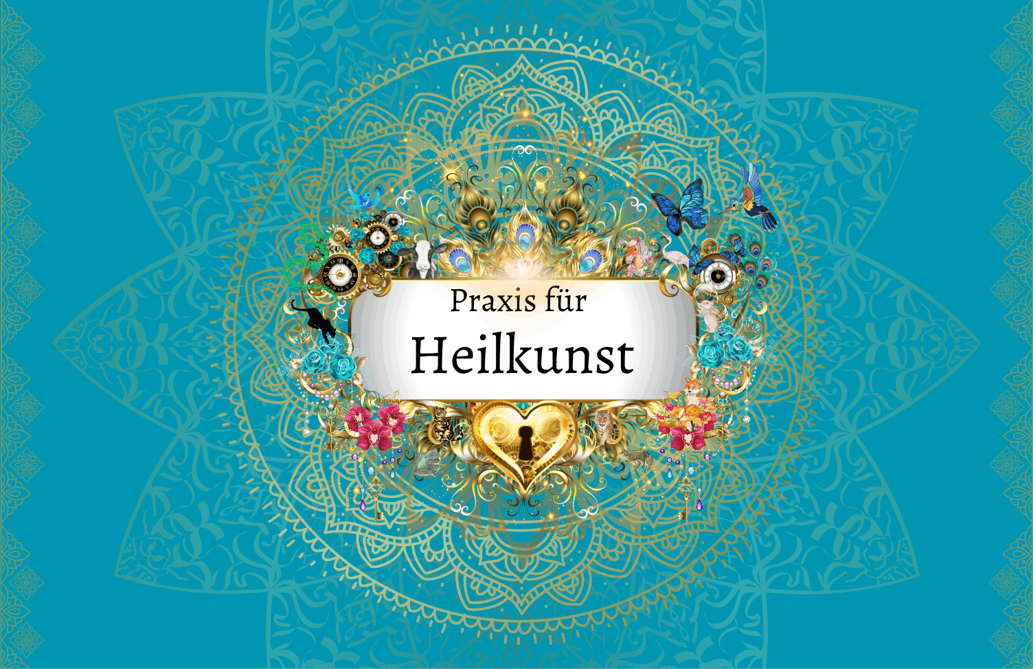 Praxis für Heilkunst Logo mit Türkise Hintergrund und goldenen Mandalas, sowie einem goldenem Herzen, Blumen und filigran eingearbeiteten Krafttieren.